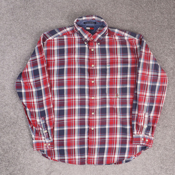 VTG 90s Tommy Hilfiger Plaid XL Red White Blue Long Sleeve Collared Shirt - Picture 1 of 10
